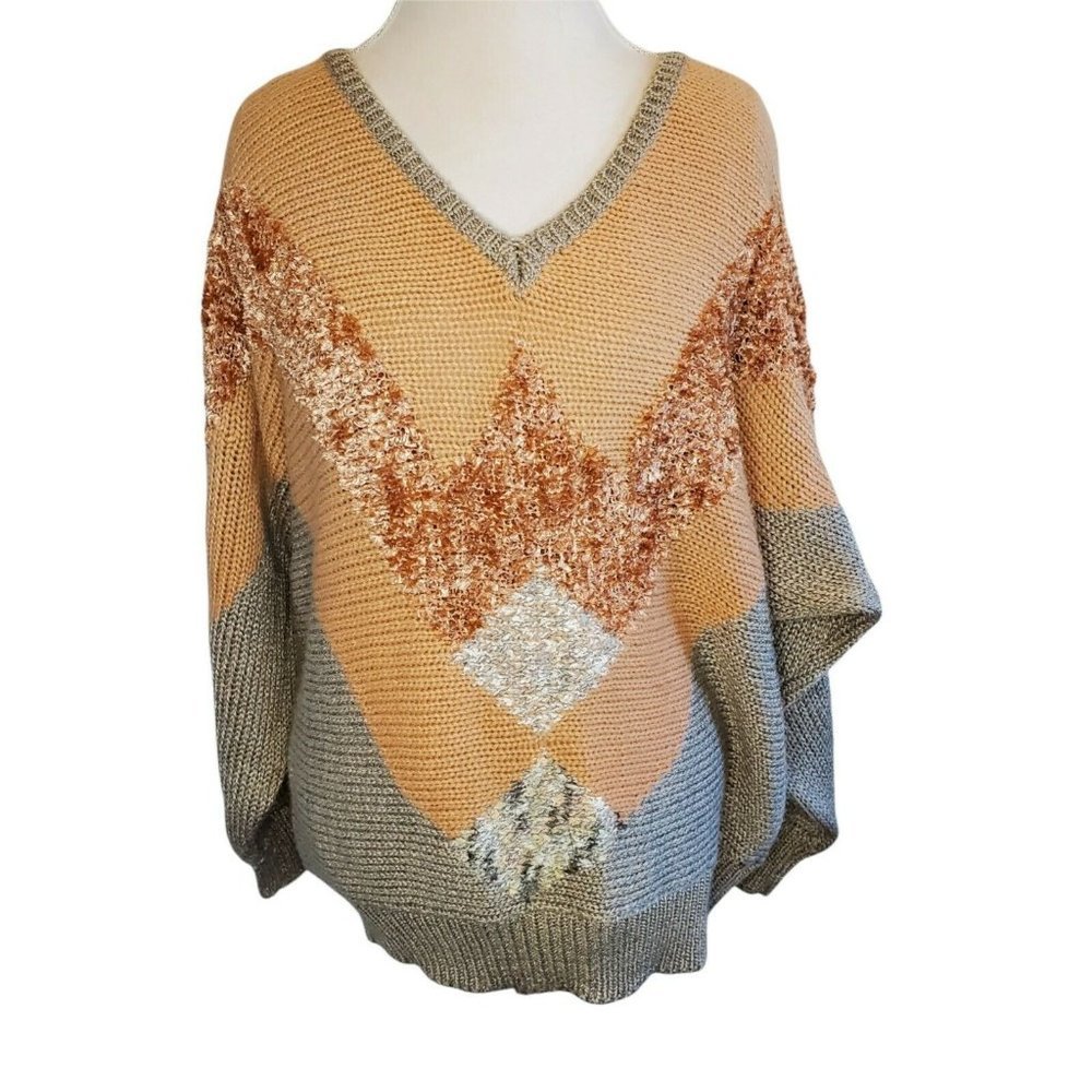 Vintage 80s Neutral Beige Peach Geometric Balloon Sleeve Slouchy Sweater - Picture 2 of 10